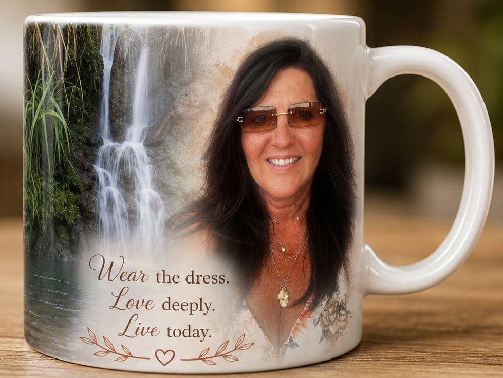 A white mug printed with a photograph of Stephanie beside a waterfall and the words: Wear the dress. Love deeply. Live today.